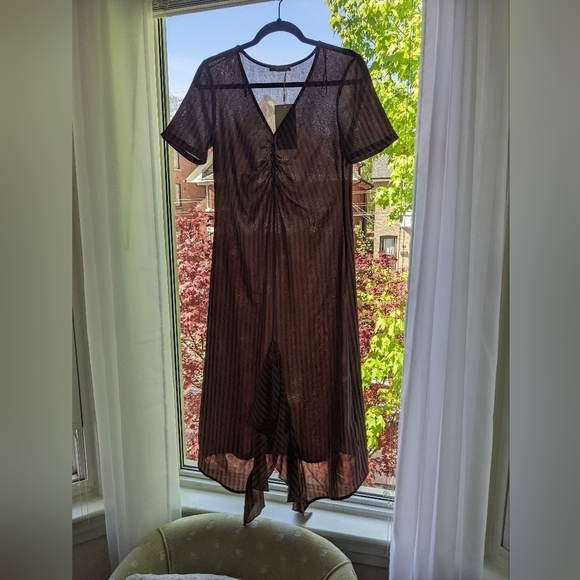 ZARA RUSHED BOHO RUFFLED SHORT SLEEVES BROWN VERTICAL STRIPED MIDI DRESS… - Picture 4 of 16